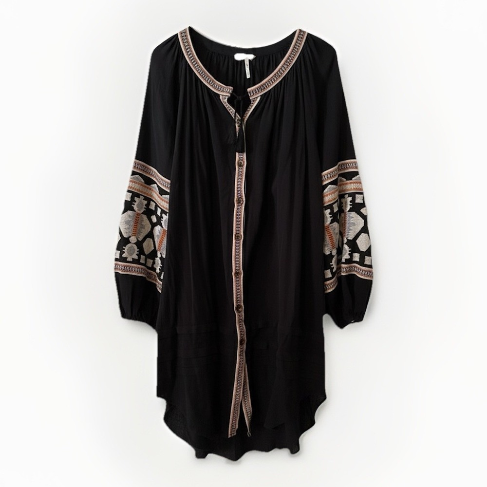 Free People High Low Caftan Dress w Embroidery Button Down Dress Tunic Sz L